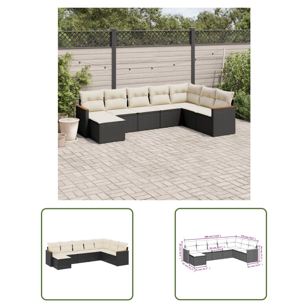 The Living Store 8-cz. zestaw wypoczynkowy do ogrodu - z poduszkami - czarny - Sofa Ogrodowa