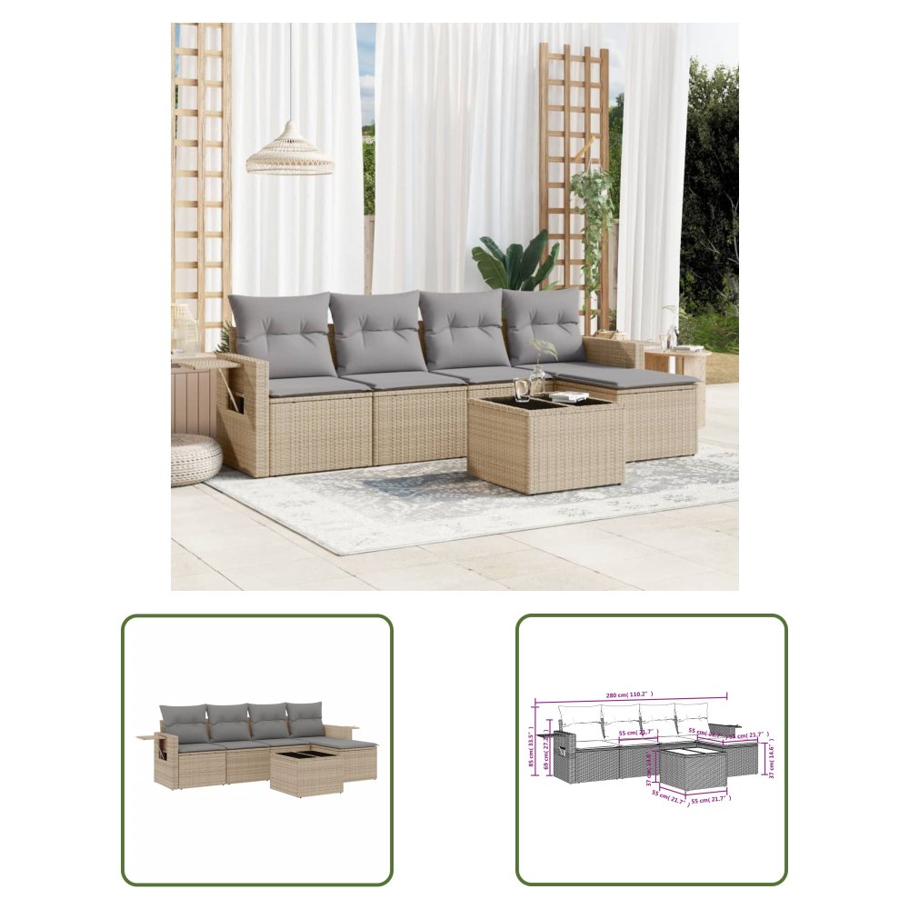 The Living Store 6-cz. zestaw mebli ogrodowych z poduszkami - beżowy - polirattan - Sofa Ogrodowa