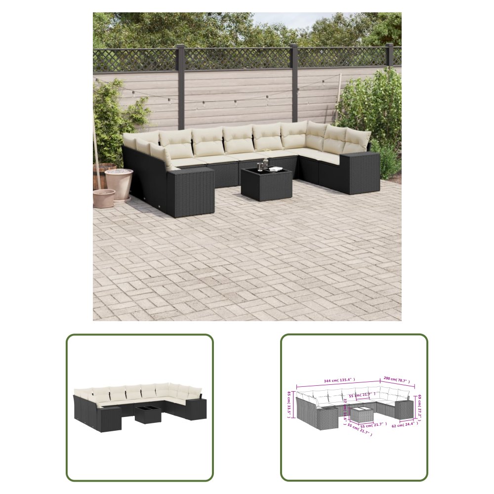 The Living Store 11-cz. zestaw wypoczynkowy do ogrodu - poduszki czarny rattan PE - Sofa Ogrodowa