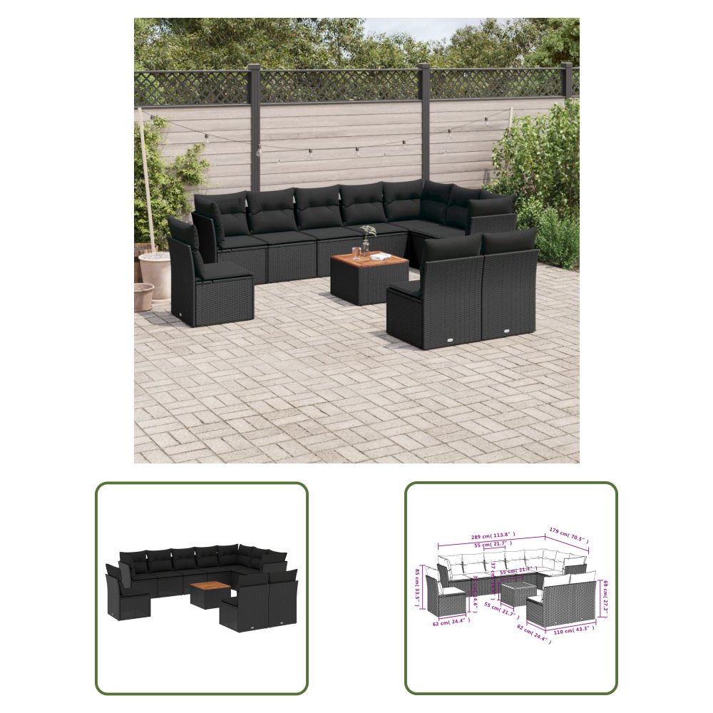 The Living Store 11-cz. zestaw wypoczynkowy do ogrodu - poduszki czarny rattan PE - Sofa Ogrodowa