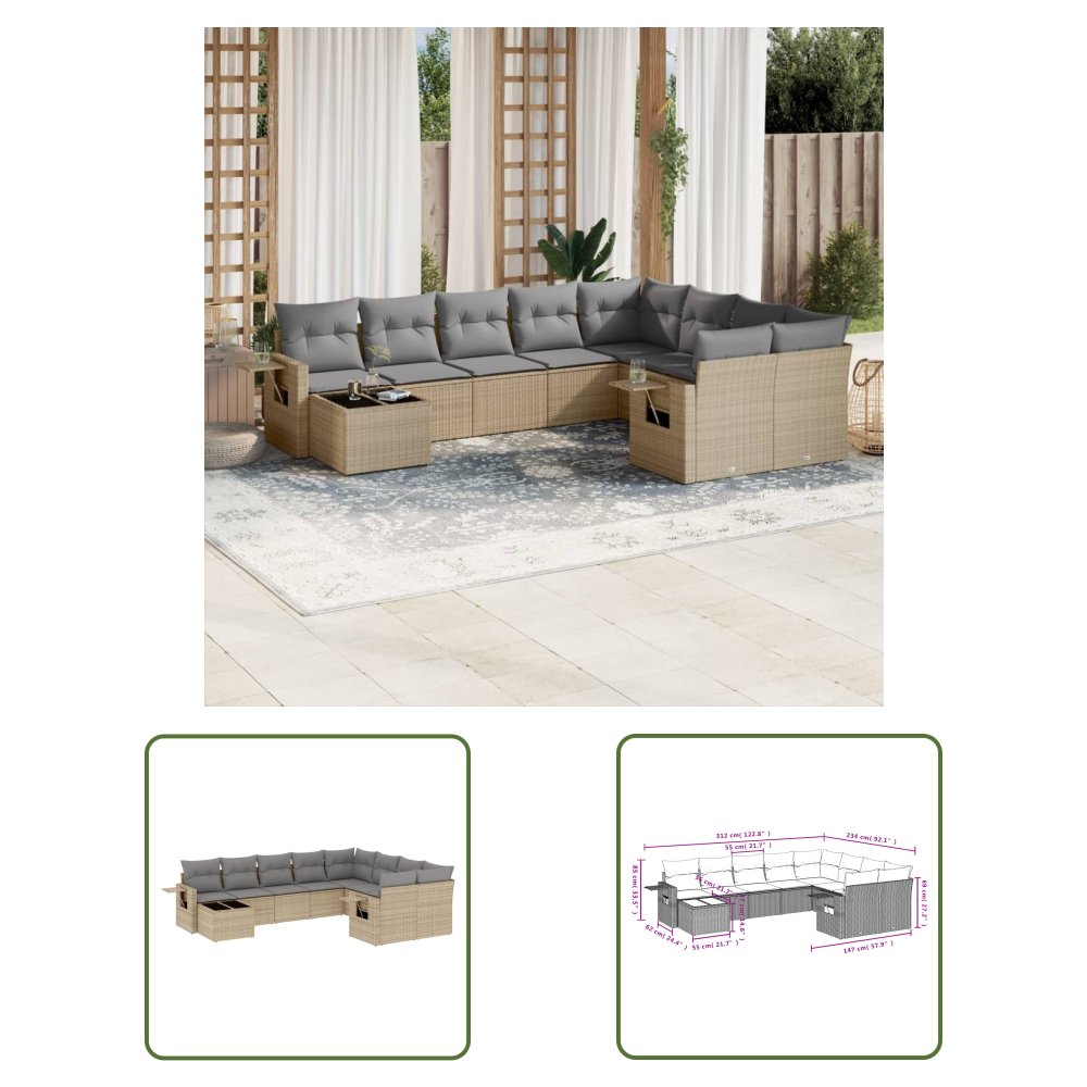 The Living Store 10-cz. zestaw mebli ogrodowych z poduszkami - beżowy - polirattan - Sofa Ogrodowa
