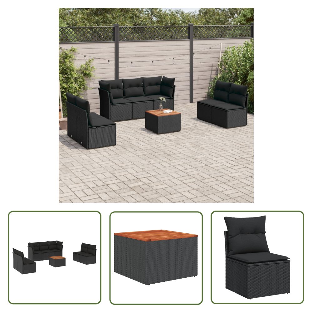 The Living Store 8-cz. zestaw wypoczynkowy do ogrodu - z poduszkami - czarny - Sofa Ogrodowa