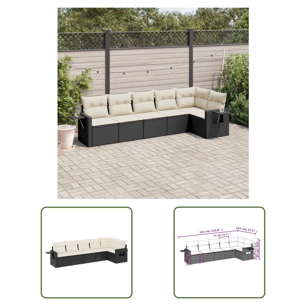 The Living Store 6-cz. zestaw mebli ogrodowych z poduszkami - czarny polirattan - Sofa Ogrodowa
