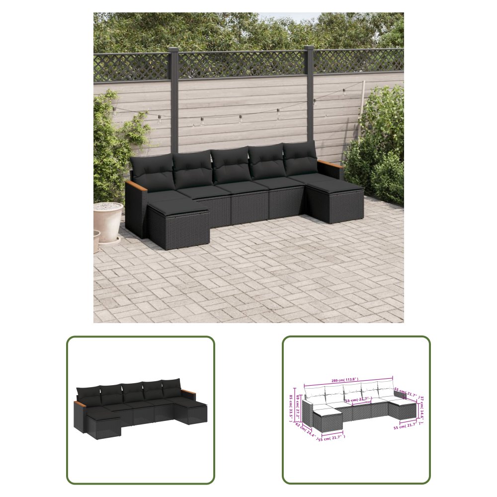 The Living Store 7-cz. zestaw wypoczynkowy do ogrodu - z poduszkami - czarny - Sofa Ogrodowa