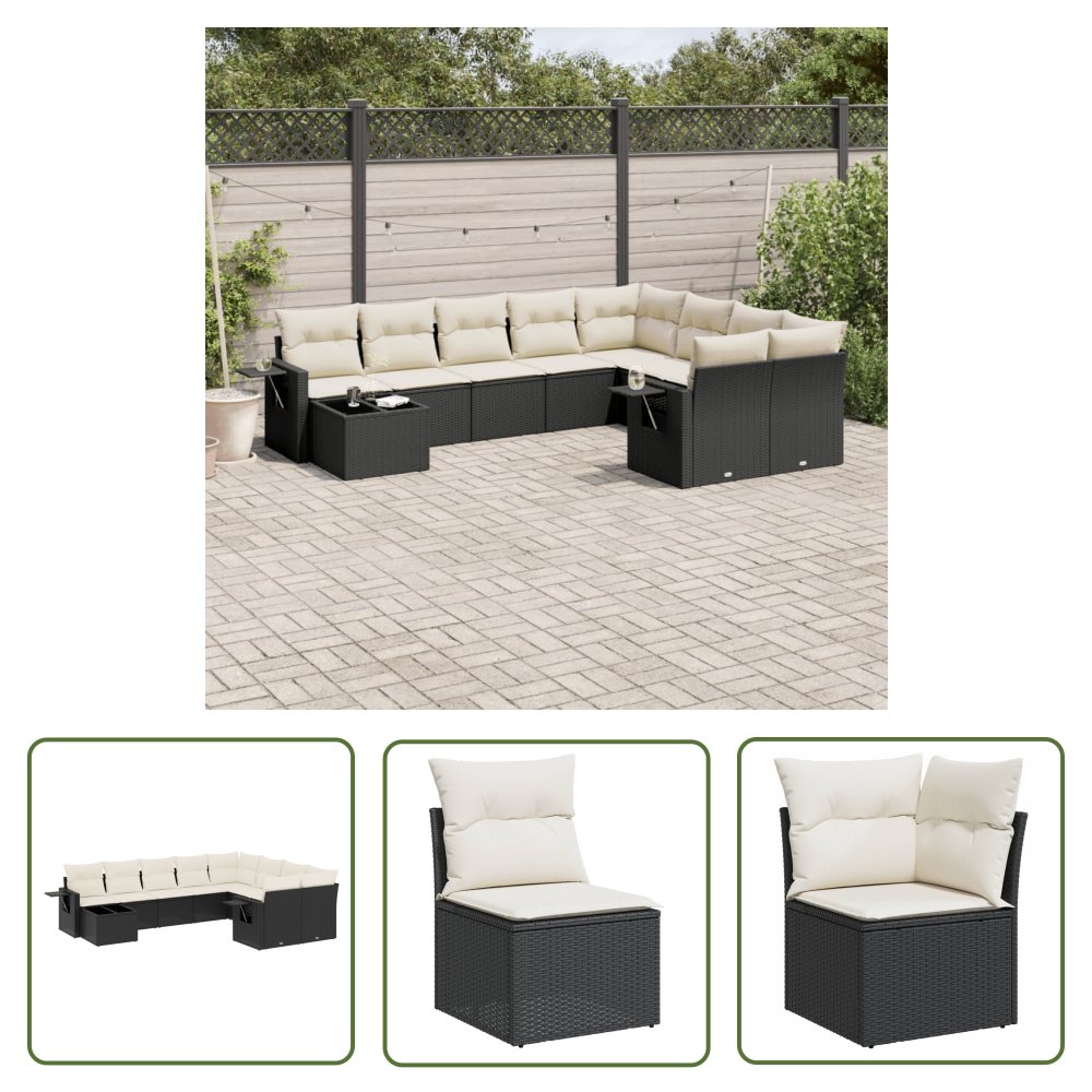 The Living Store 10-cz. zestaw wypoczynkowy do ogrodu - poduszki czarny rattan PE - Sofa Ogrodowa