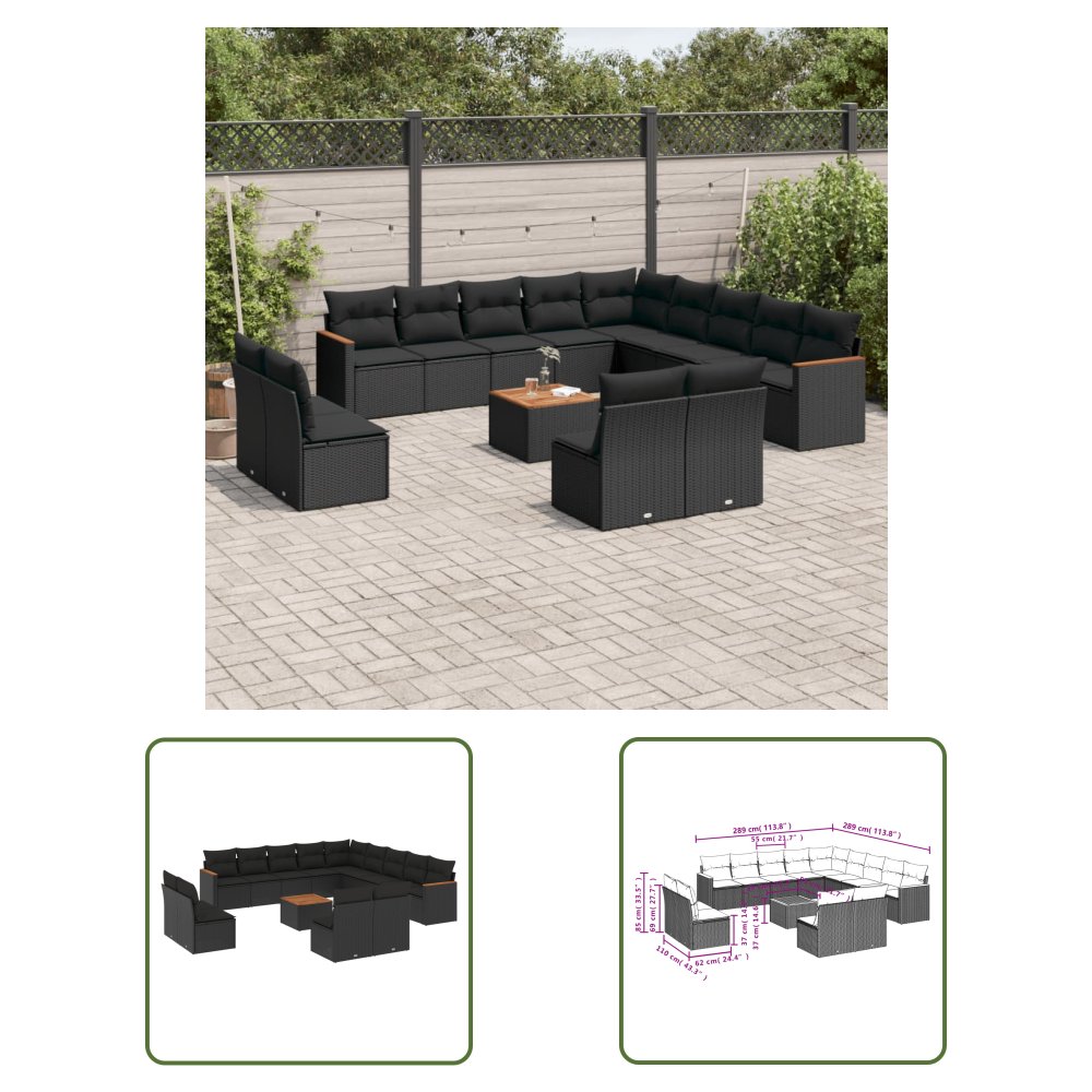 The Living Store 14-cz. zestaw wypoczynkowy do ogrodu - poduszki czarny rattan PE - Sofa Ogrodowa