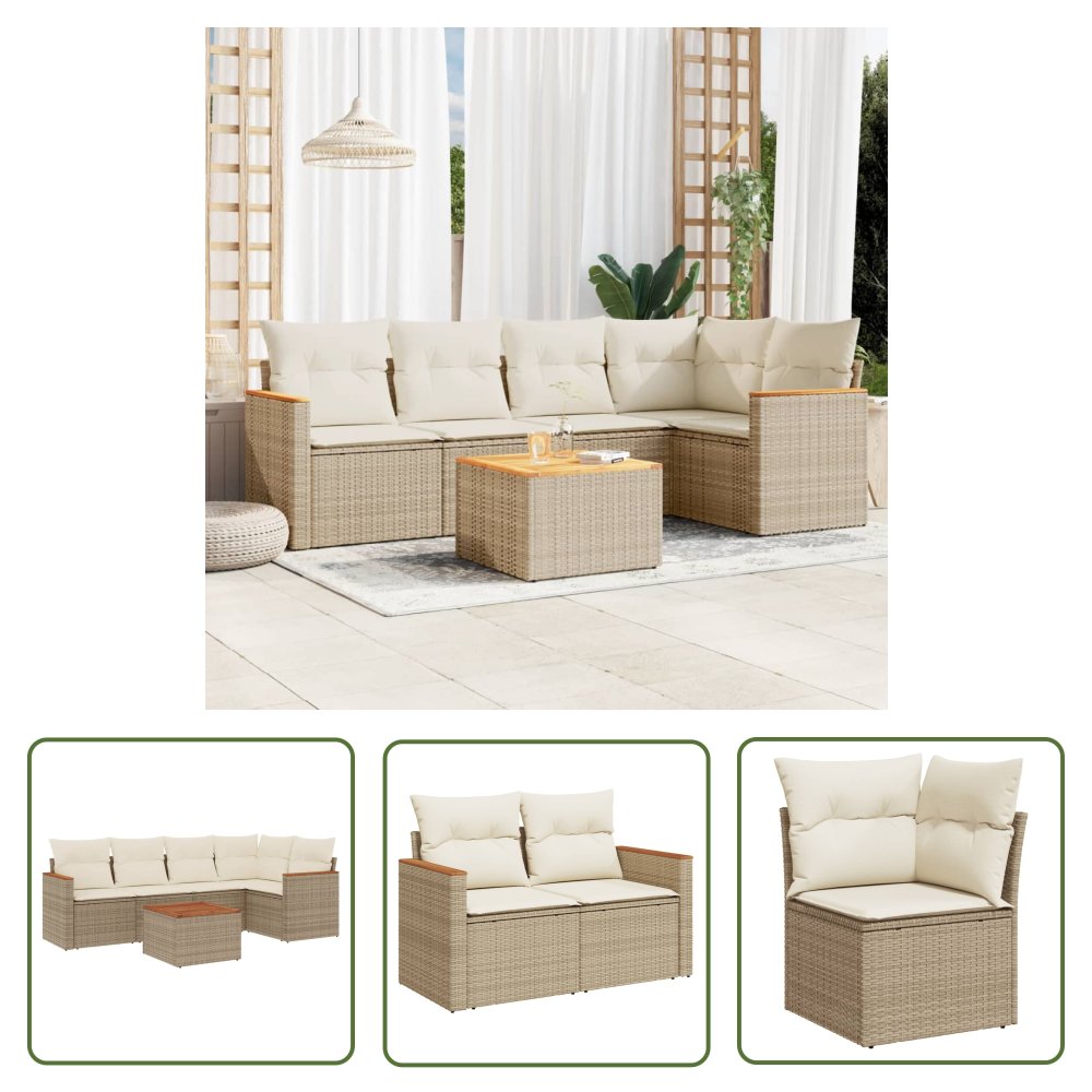 The Living Store 6-cz. zestaw mebli ogrodowych z poduszkami - beżowy - polirattan - Sofa Ogrodowa