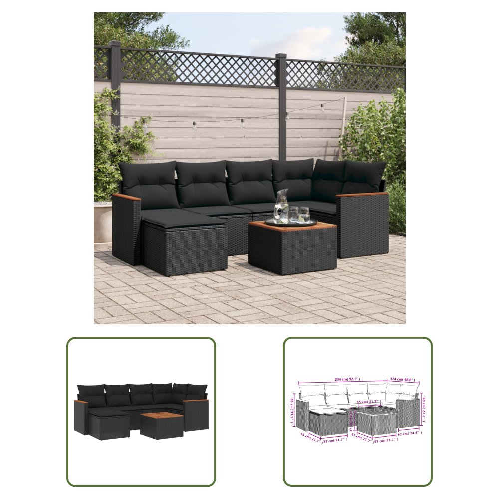 The Living Store 7-cz. zestaw wypoczynkowy do ogrodu - z poduszkami - czarny - Sofa Ogrodowa