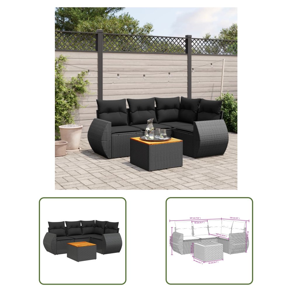 The Living Store 5-cz. zestaw wypoczynkowy do ogrodu - poduszki - czarny rattan PE - Sofa Ogrodowa