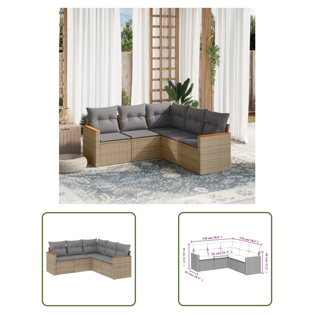 The Living Store 5-cz. zestaw mebli ogrodowych z poduszkami - beżowy - polirattan - Sofa Ogrodowa