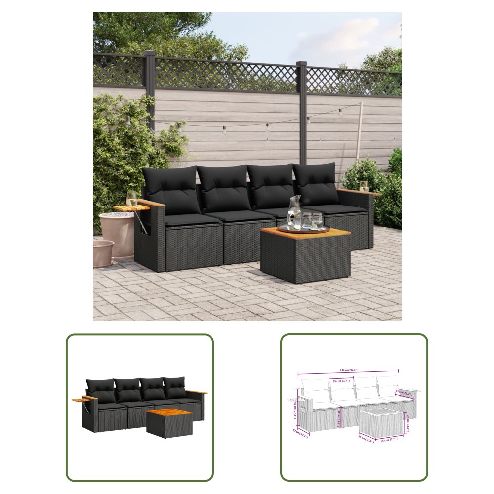 The Living Store 5-cz. zestaw wypoczynkowy do ogrodu - poduszki - czarny rattan PE - Sofa Ogrodowa