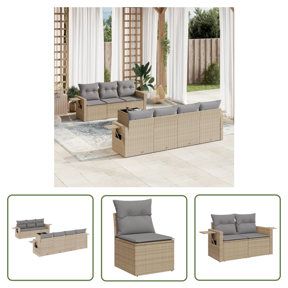 The Living Store 8-cz. zestaw mebli ogrodowych z poduszkami - beżowy - polirattan - Sofa Ogrodowa