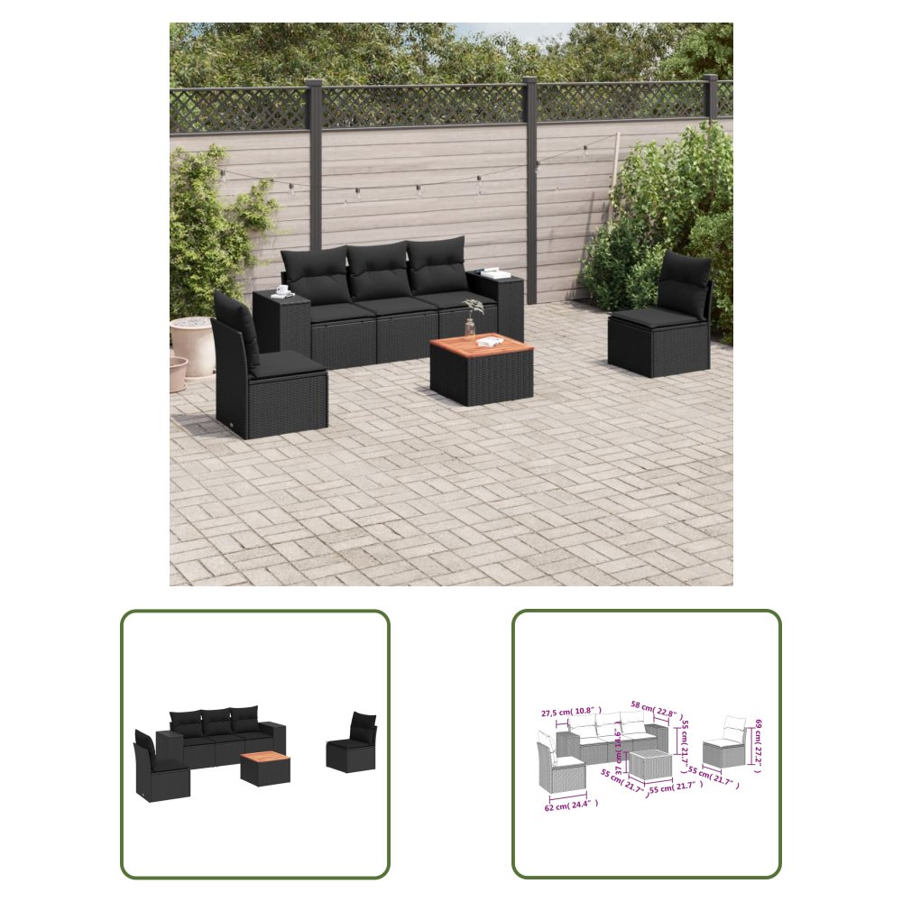The Living Store 6-cz. zestaw mebli ogrodowych z poduszkami - czarny polirattan - Sofa Ogrodowa