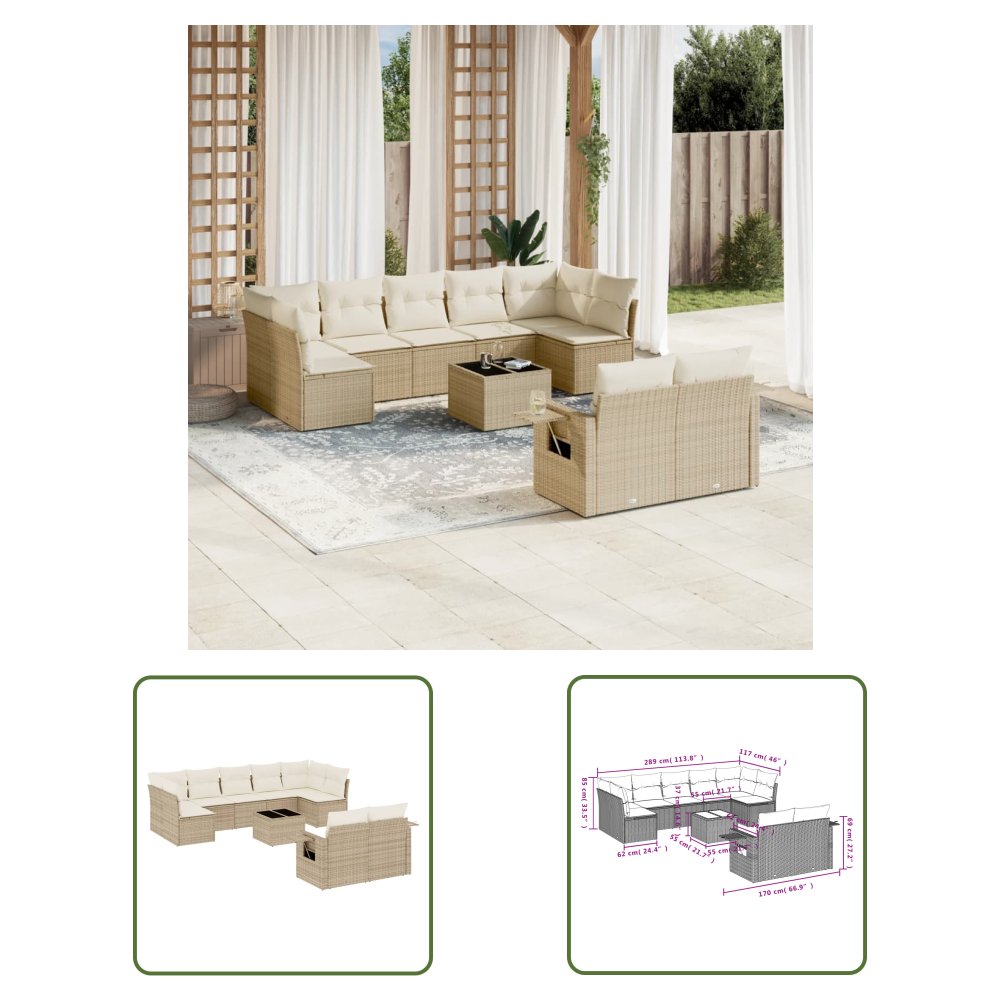 The Living Store 10-cz. zestaw mebli ogrodowych z poduszkami - beżowy - polirattan - Sofa Ogrodowa
