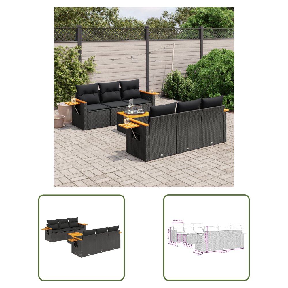 The Living Store 7-cz. zestaw wypoczynkowy do ogrodu - z poduszkami - czarny - Sofa Ogrodowa