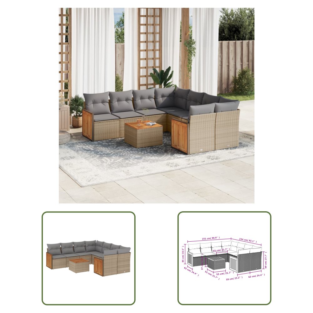 The Living Store 9-cz. zestaw mebli ogrodowych z poduszkami - beżowy - polirattan - Sofa Ogrodowa