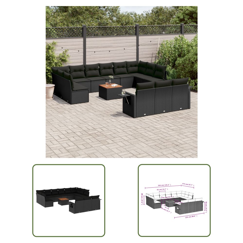 The Living Store 14-cz. zestaw wypoczynkowy do ogrodu - poduszki czarny rattan PE - Sofa Ogrodowa
