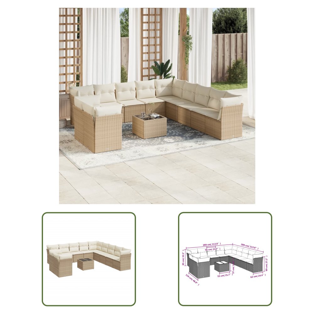 The Living Store 12-cz. zestaw mebli ogrodowych z poduszkami - beżowy - polirattan - Sofa Ogrodowa