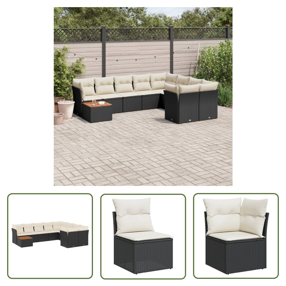 The Living Store 10-cz. zestaw wypoczynkowy do ogrodu - poduszki czarny rattan PE - Sofa Ogrodowa