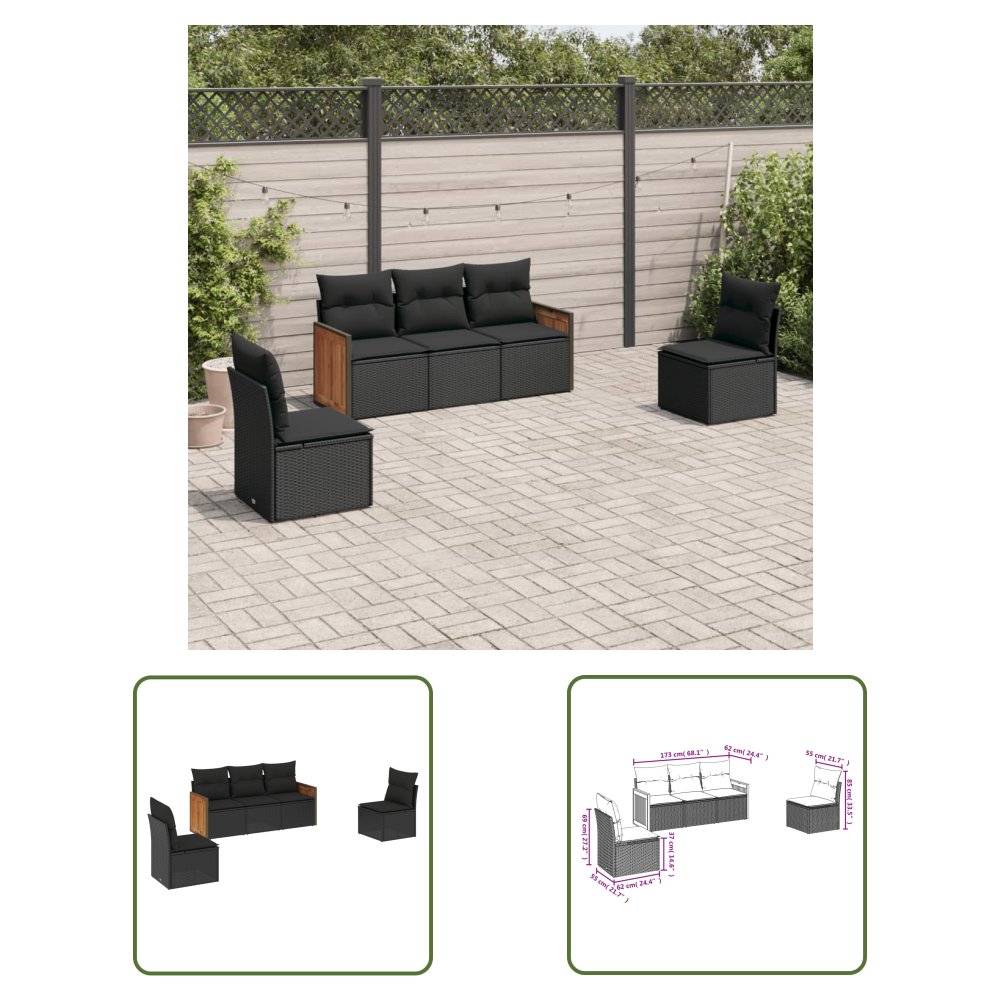 The Living Store 5-cz. zestaw wypoczynkowy do ogrodu - poduszki - czarny rattan PE - Sofa Ogrodowa