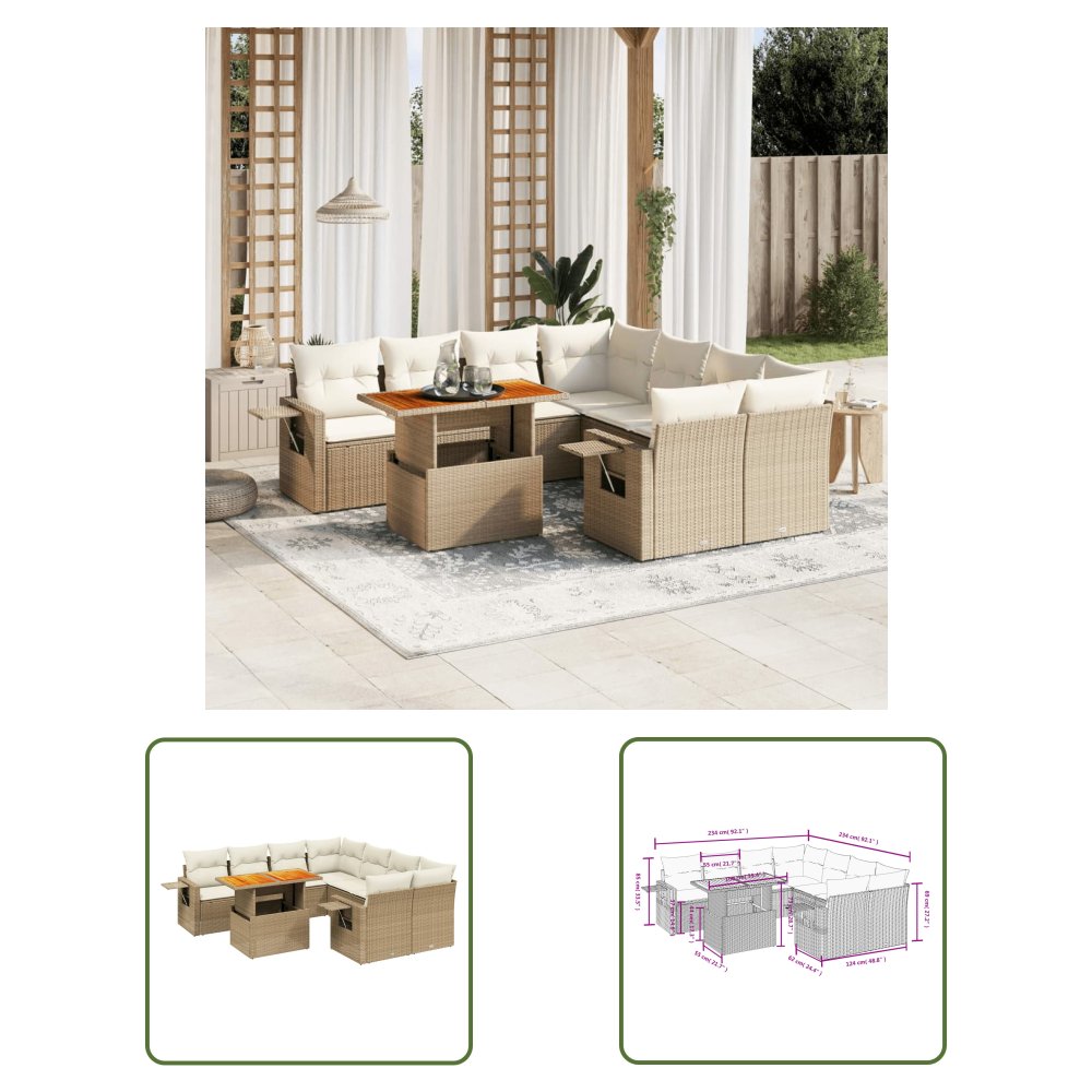 The Living Store 9-cz. zestaw mebli ogrodowych z poduszkami - beżowy - polirattan - Sofa Ogrodowa