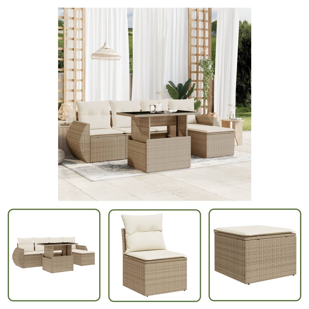 The Living Store 6-cz. zestaw mebli ogrodowych z poduszkami - beżowy - polirattan - Sofa Ogrodowa