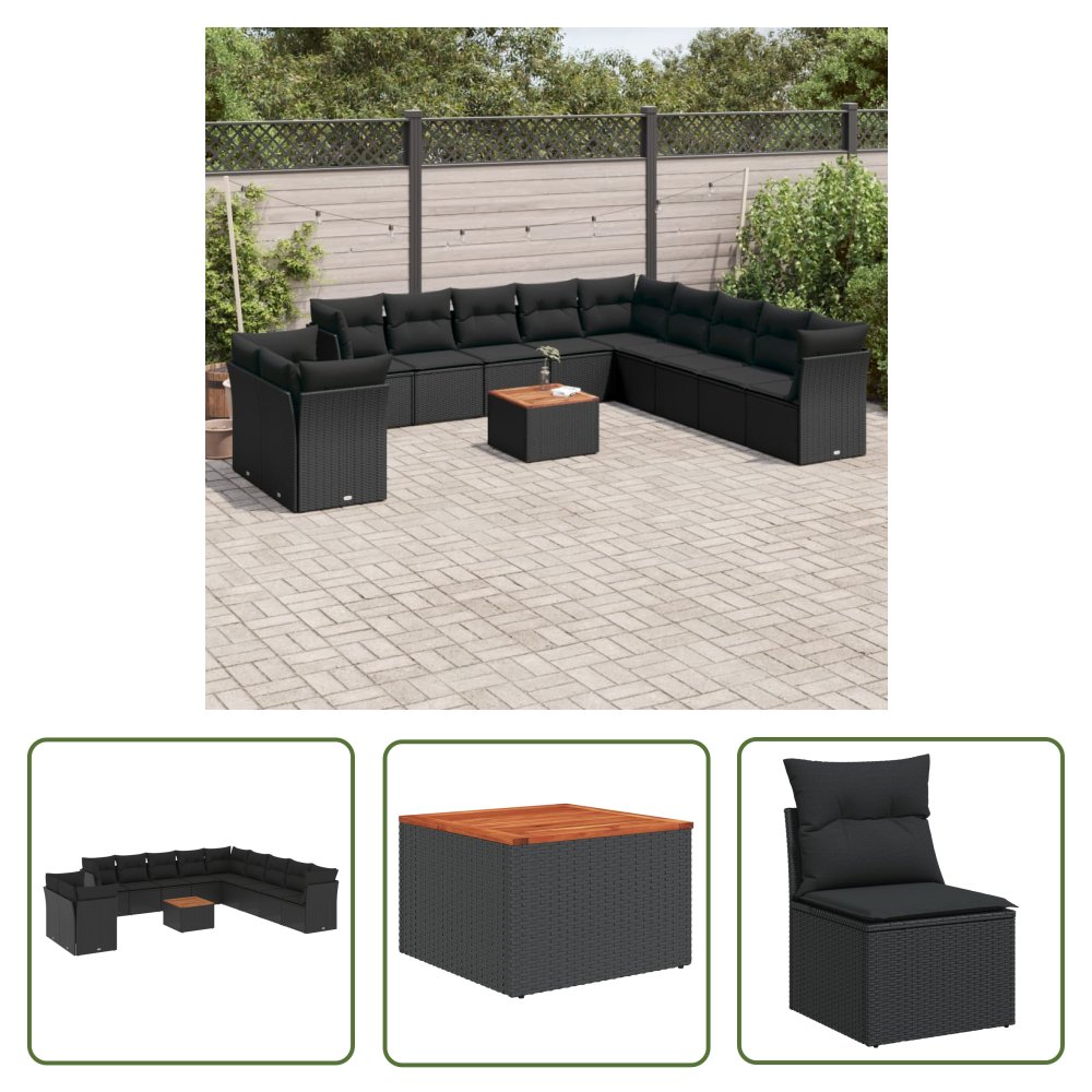 The Living Store 12-cz. zestaw mebli do ogrodu - z poduszkami - czarny - polirattan - Sofa Ogrodowa