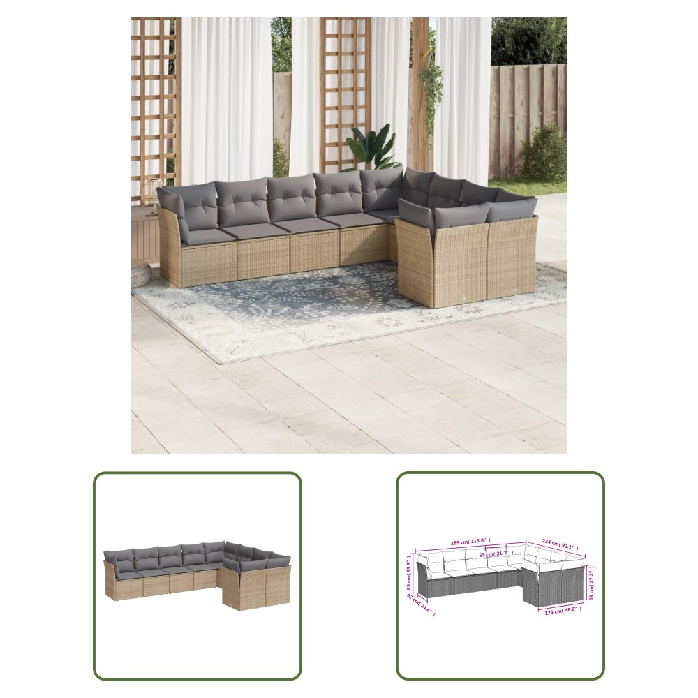 The Living Store 9-cz. zestaw mebli ogrodowych z poduszkami - beżowy - polirattan - Sofa Ogrodowa