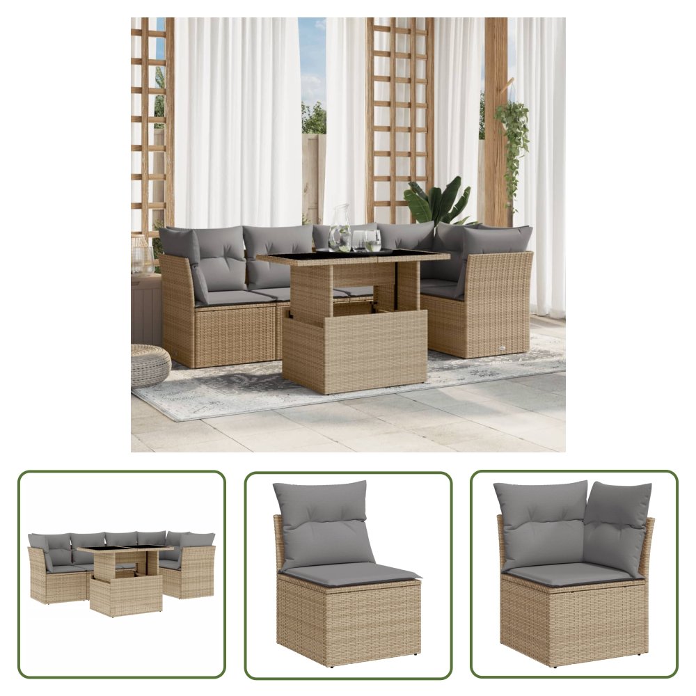 The Living Store 6-cz. zestaw mebli ogrodowych z poduszkami - beżowy - polirattan - Sofa Ogrodowa