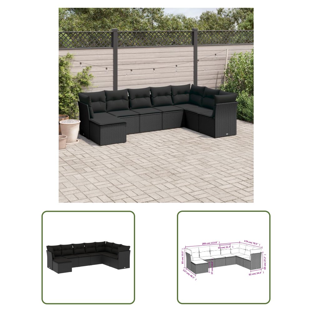 The Living Store 8-cz. zestaw wypoczynkowy do ogrodu - z poduszkami - czarny - Sofa Ogrodowa
