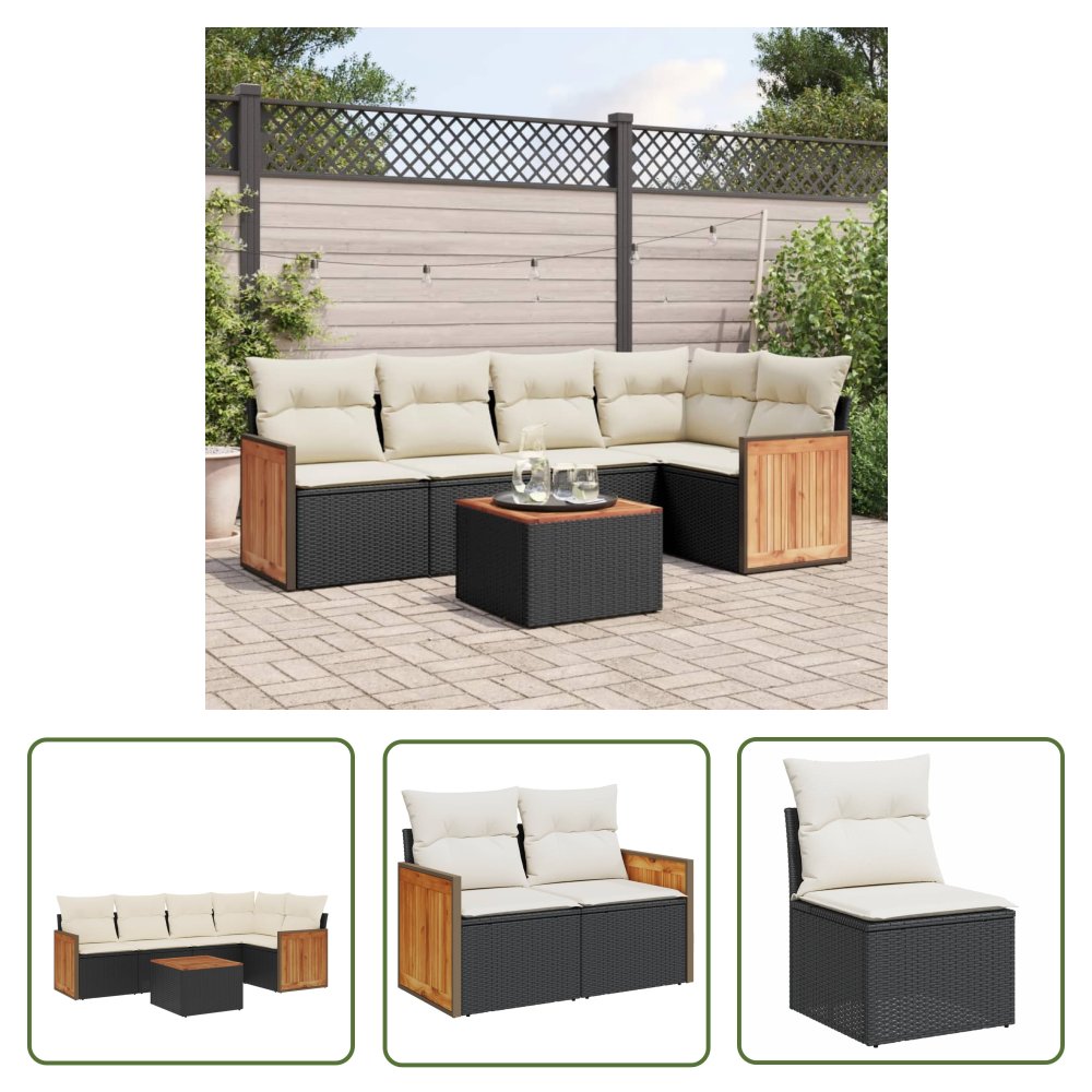 The Living Store 6-cz. zestaw mebli ogrodowych z poduszkami - czarny polirattan - Sofa Ogrodowa