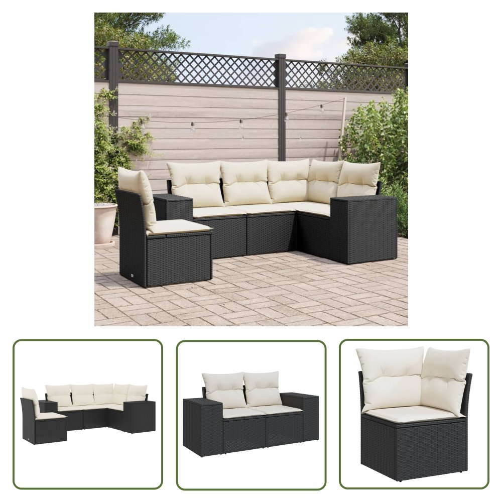 The Living Store 5-cz. zestaw wypoczynkowy do ogrodu - poduszki - czarny rattan PE - Sofa Ogrodowa