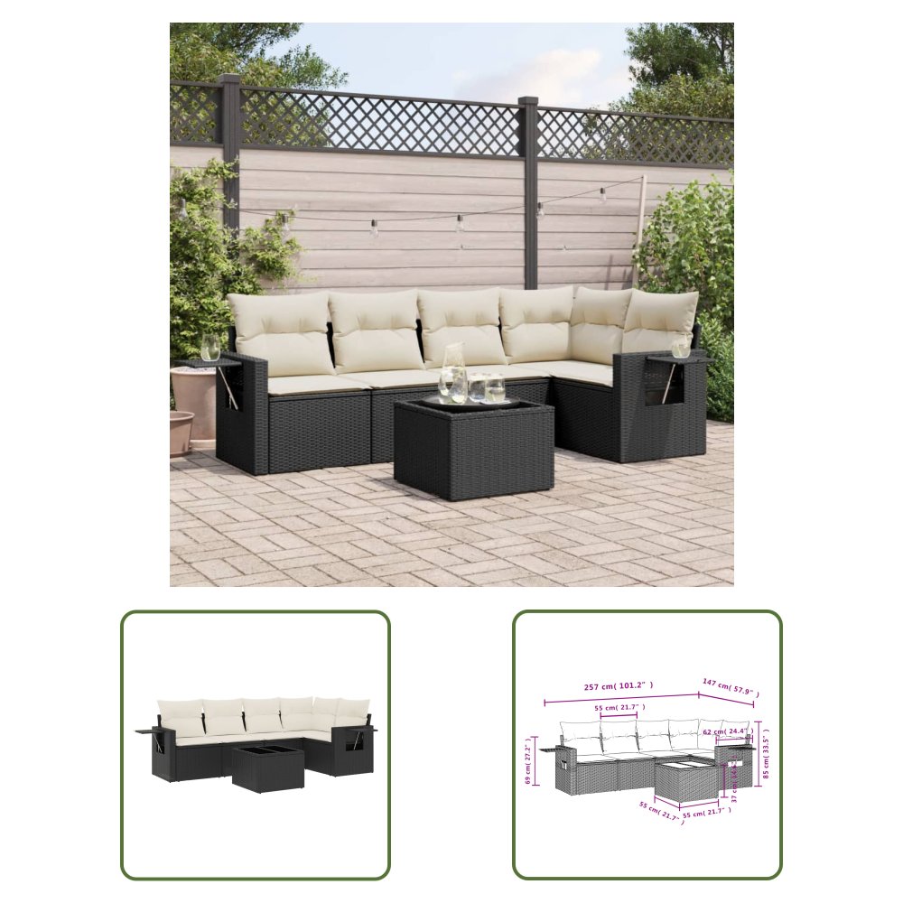 The Living Store 6-cz. zestaw mebli ogrodowych z poduszkami - czarny polirattan - Sofa Ogrodowa