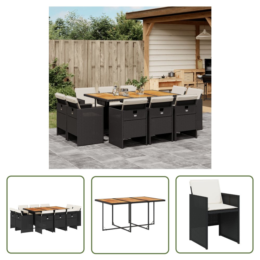 The Living Store 11-cz. zestaw mebli do ogrodu - z poduszkami - czarny rattan PE - Meble Ogrodowe