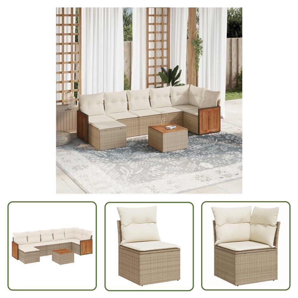 The Living Store 8-cz. zestaw mebli ogrodowych z poduszkami - beżowy - polirattan - Sofa Ogrodowa