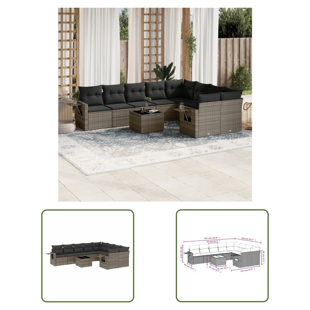 The Living Store 10-cz. zestaw wypoczynkowy do ogrodu - z poduszkami - szary - Sofa Ogrodowa