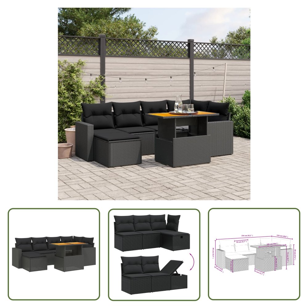 The Living Store 7-cz. zestaw wypoczynkowy do ogrodu - z poduszkami - czarny - Sofa Ogrodowa