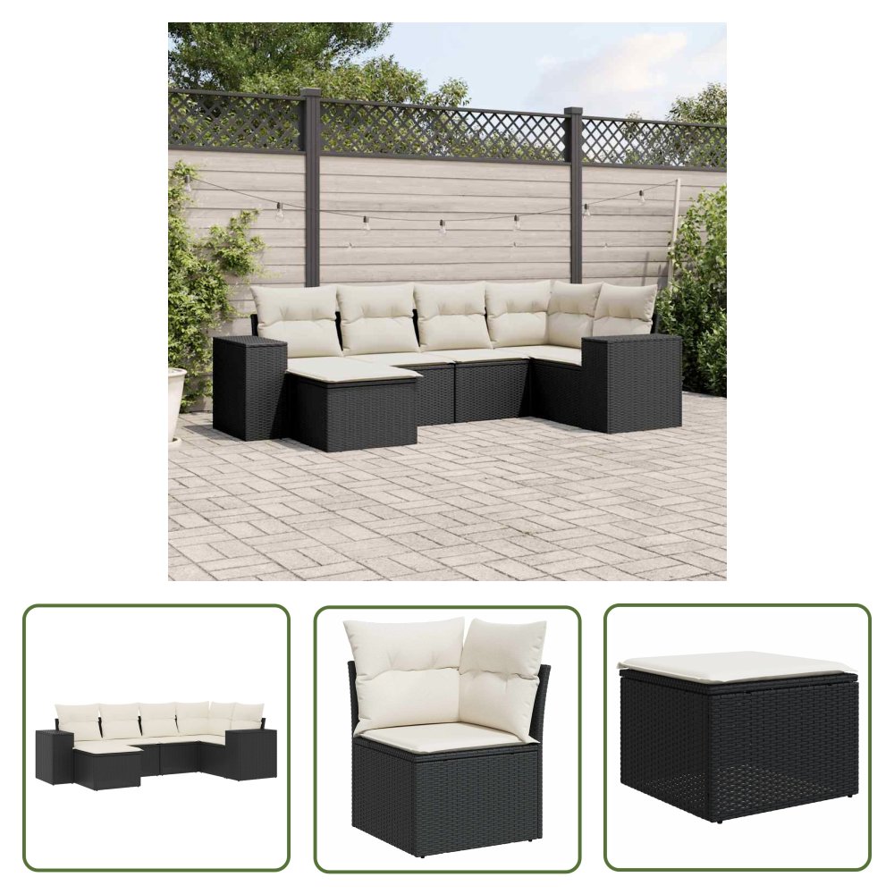 The Living Store 6-cz. zestaw mebli ogrodowych z poduszkami - czarny polirattan - Sofa Ogrodowa