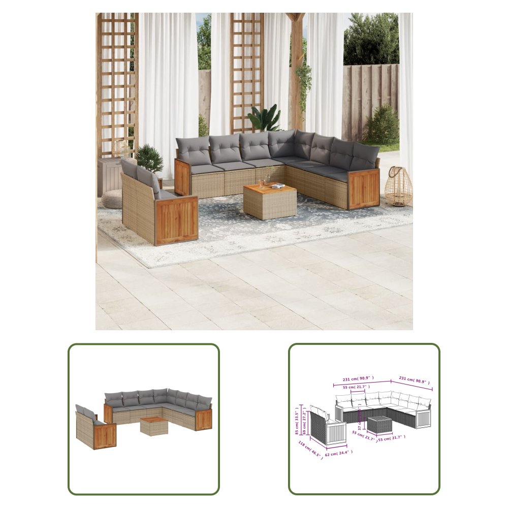 The Living Store 10-cz. zestaw mebli ogrodowych z poduszkami - beżowy - polirattan - Sofa Ogrodowa