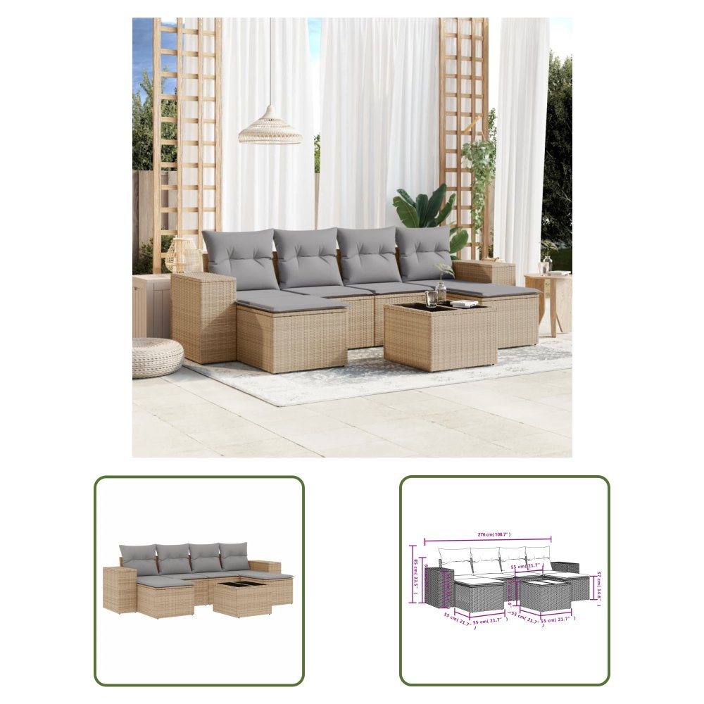 The Living Store 7-cz. zestaw wypoczynkowy do ogrodu - z poduszkami - beżowy - Sofa Ogrodowa