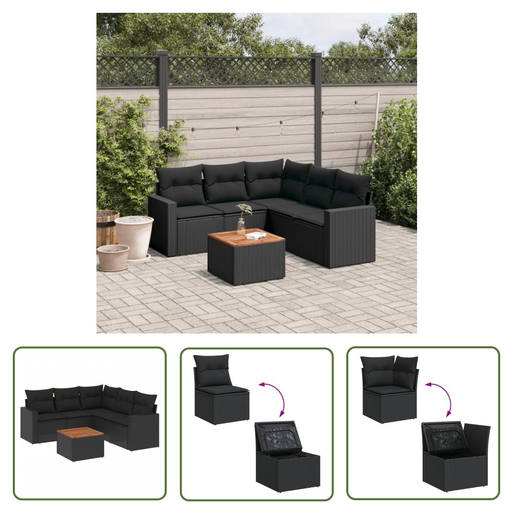 The Living Store 6-cz. zestaw mebli ogrodowych z poduszkami - czarny polirattan - Sofa Ogrodowa