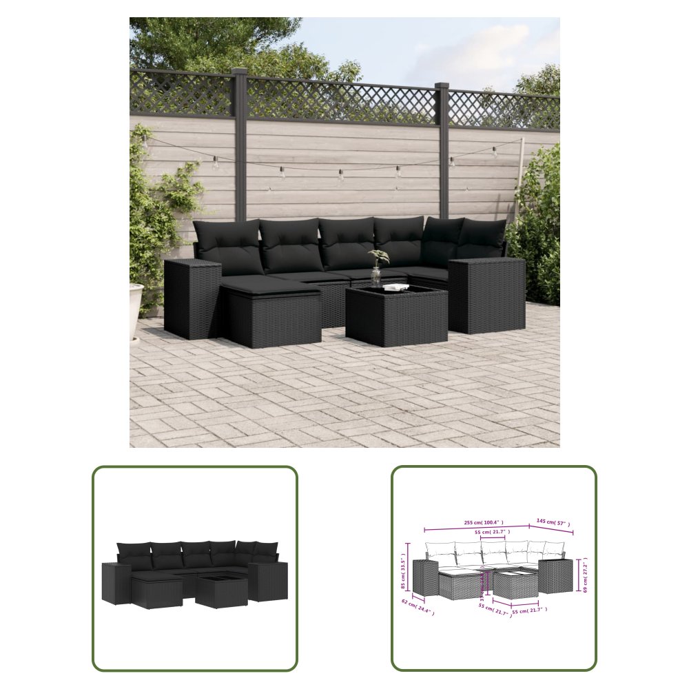 The Living Store 7-cz. zestaw wypoczynkowy do ogrodu - z poduszkami - czarny - Sofa Ogrodowa
