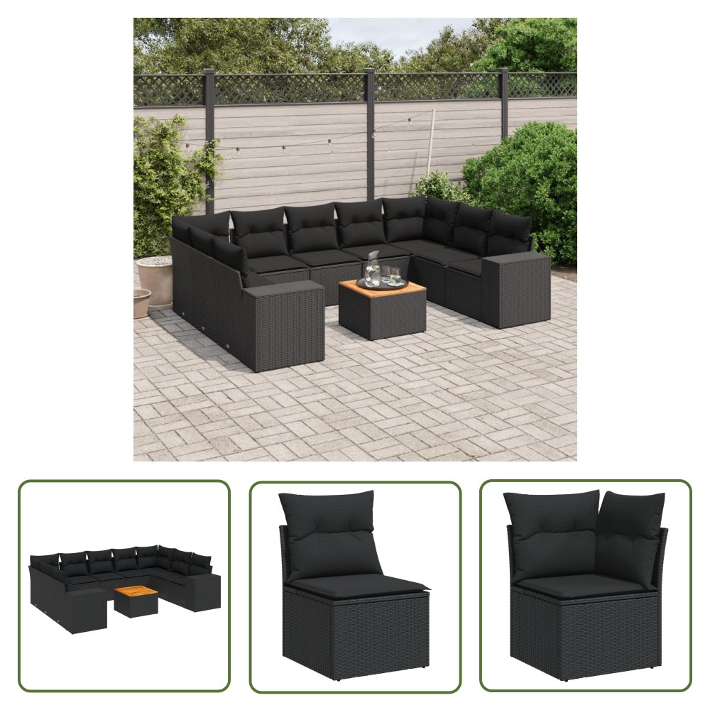 The Living Store 10-cz. zestaw wypoczynkowy do ogrodu - poduszki czarny rattan PE - Sofa Ogrodowa
