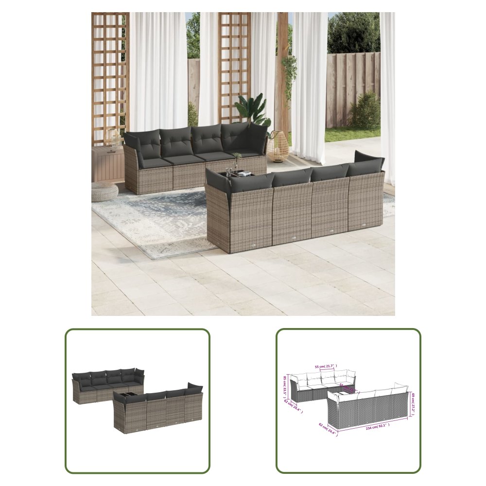 The Living Store 9-cz. zestaw mebli ogrodowych z poduszkami - szary - polirattan - Sofa Ogrodowa