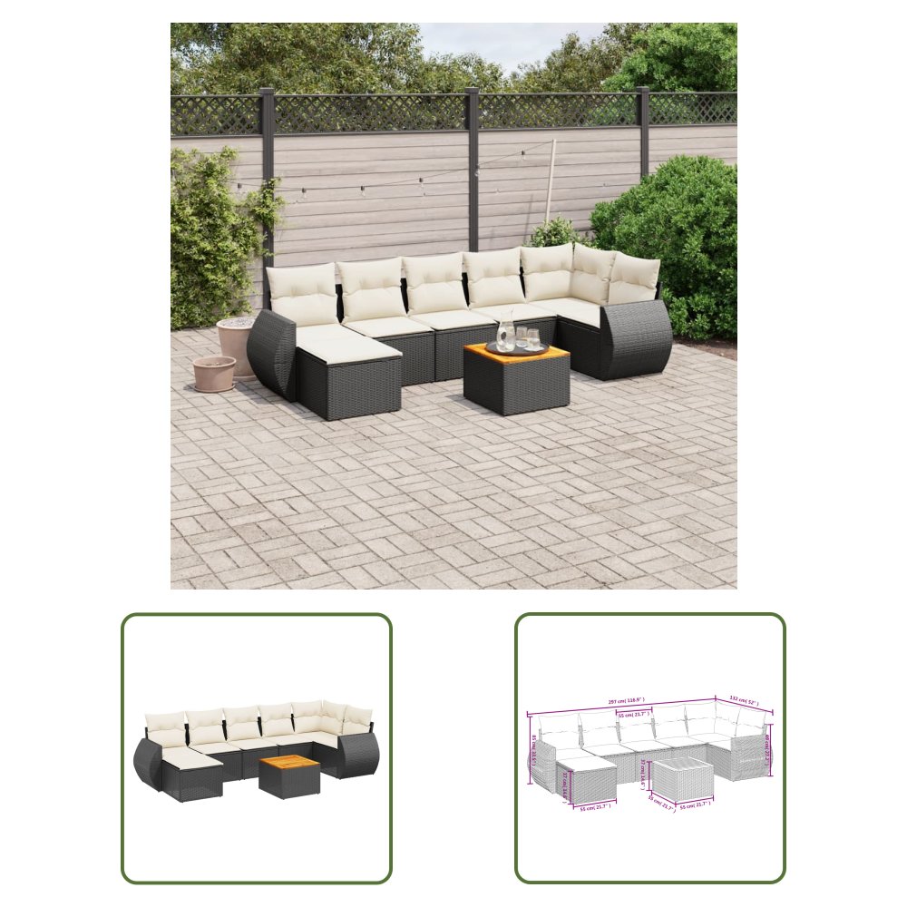 The Living Store 8-cz. zestaw wypoczynkowy do ogrodu - z poduszkami - czarny - Sofa Ogrodowa