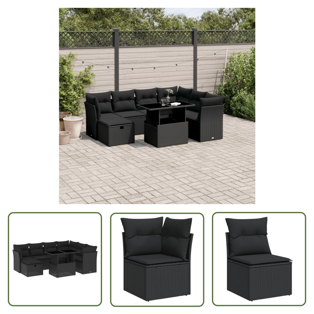 The Living Store 8-cz. zestaw wypoczynkowy do ogrodu - z poduszkami - czarny - Sofa Ogrodowa
