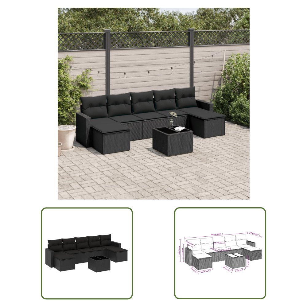 The Living Store 8-cz. zestaw wypoczynkowy do ogrodu - z poduszkami - czarny - Sofa Ogrodowa