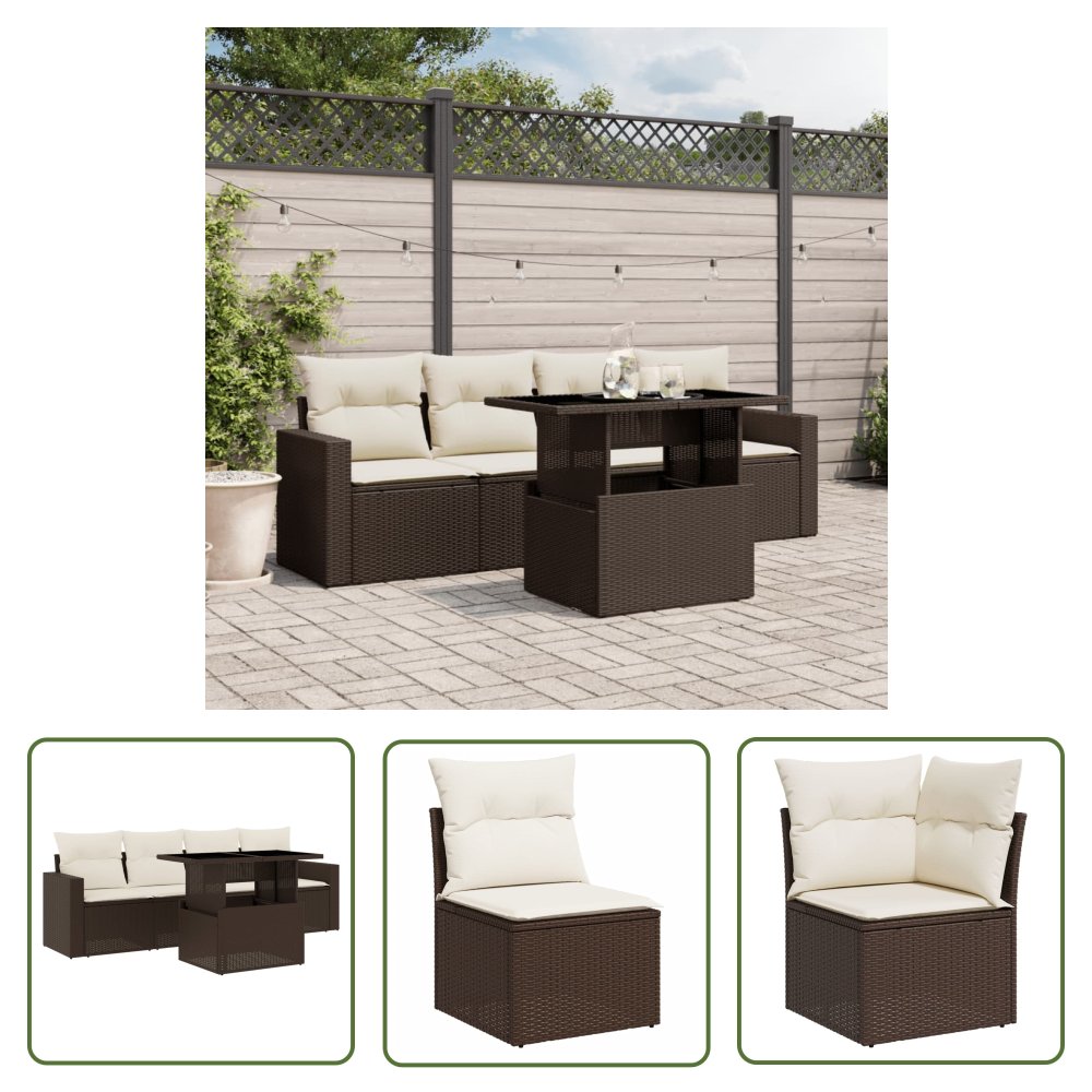 The Living Store 5-cz. zestaw mebli ogrodowych z poduszkami - brązowy - polirattan - Sofa Ogrodowa