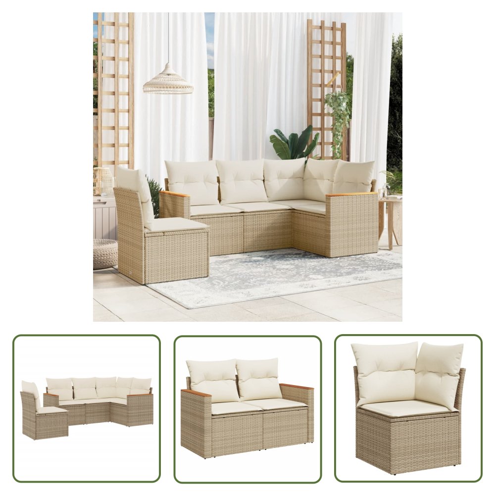 The Living Store 5-cz. zestaw mebli ogrodowych z poduszkami - beżowy - polirattan - Sofa Ogrodowa