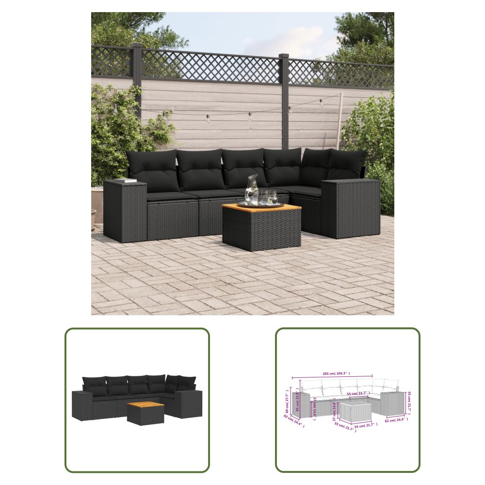 The Living Store 6-cz. zestaw mebli ogrodowych z poduszkami - czarny polirattan - Sofa Ogrodowa